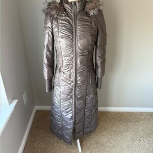 Elie Tahari Metallic Taupe Puffer Coat with Faux Fur Trim